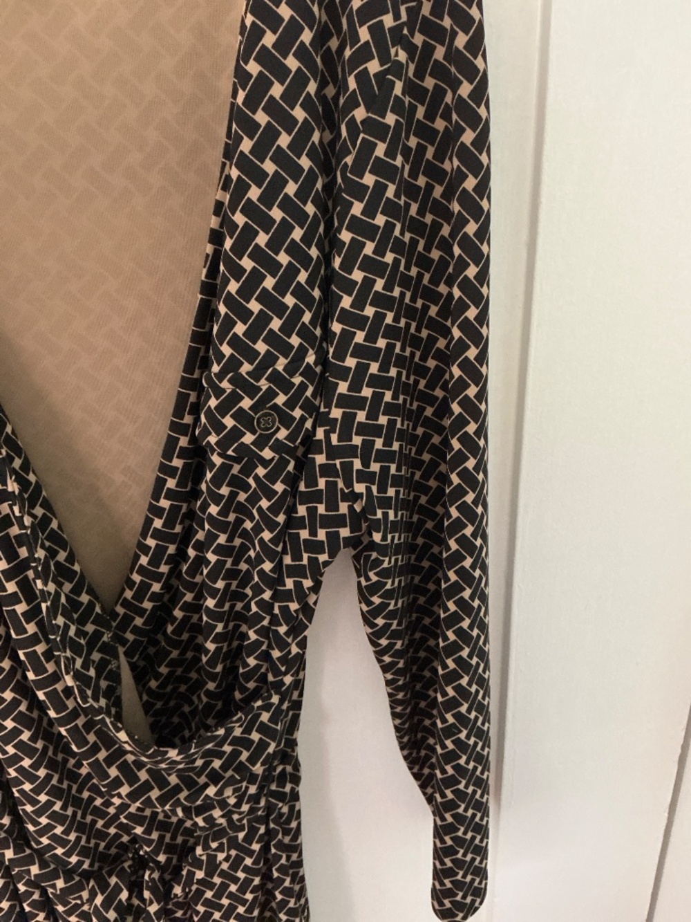 Talbots XL Wrap-Style Dress | Black & Tan Geometric Print - Picture 5 of 7